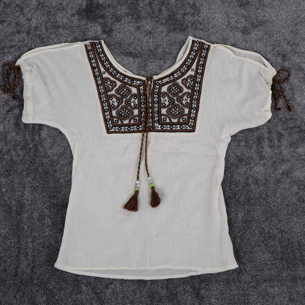 Angie Embroidered Top Womens Medium Cream Boho Bohemian Hippie Gauze Cottagecore